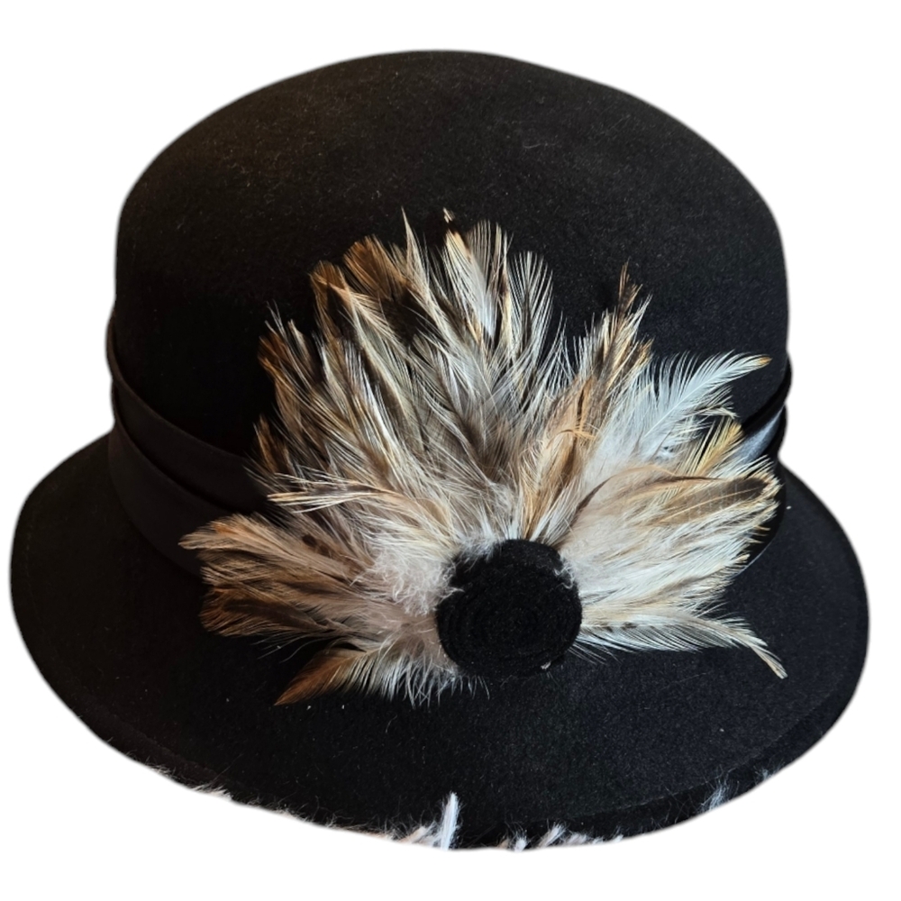 Black 100% Wool Hat with Feather